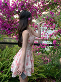 Sweet Floral Strap Dress Women Sexy Beach Party Korean Mini Dress Female Ruffles Designer Casual Fashion Chic Dress