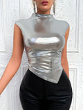 Vibrant Metallic Hanky Hem T-Shirt - Sexy Mock Neck, Cap Sleeve, Slim Fit, Comfortable, Breathable, Perfect for Spring & Summer, Women's Clothing