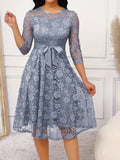 Stunning Contrast Lace Three-Quarter Sleeve Crew Neck Belted Dress - Women's Elegant Dresses for Spring & Fall - Perfect for Ladies' Daily Wear, Party, and Outdoor Activities