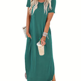 Zjkrl  -  Long Sleeve Solid Color Crew Neck Loose Maxi Dress - Soft Cotton Blend, Asymmetrical Hem, Casual Chic Style for Spring & Summer - Womens Comfortable Everyday Wear