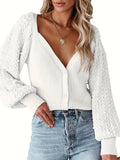 Beaded Button Front Cardigan, Elegant Lantern Sleeve Cardigan For Spring & Fall, Women's Clothing