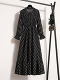 Pin Dot Print Dress, Vintage Tie Neck Long Sleeve A Line Dress, Women's Clothing