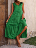 Loose Casual Sleeveless V Neck Ruffle Hem Dress for Spring & Summer, Women's Clothing