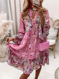 Plus Size Boho Dress, Women's Plus Floral Print Long Sleeve Notched Neck Knee Length Smock Dress