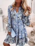 Plus Size Boho Dress, Women's Plus Floral Print Long Sleeve Notched Neck Knee Length Smock Dress