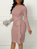 Solid Ruffle Trim Belted Dress, Elegant Long Sleeve Slim Dress For Spring & Fall, Women's Clothing