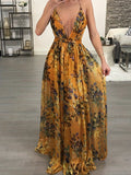 Womens Sexy Spaghetti Strap Deep V Neck Floral Boho Criss Cross Backless Chiffon Beach Party Long Maxi Dress