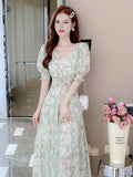 Short Sleeve For Spring & Summer Floral Print Shirred Waist Dress, Casual Women's Clothing