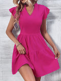 Vibrant Solid V-Neck Fitted Dress - Elegant Ruffle Detailing, Non-Elastic Polyester Fabric, Perfect for Summer & Spring, Womens Casual Everyday Wear