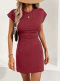 Vibrant Solid Color Crew Neck Pencil Dress - Elegant, Ruched, Micro Elastic, Frill Details, Machine Washable - Perfect for Spring, Summer, and Fall Seasons