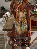 Aztec Print Dress, Vintage V Neck Short Sleeve Western Style Dress, Women's Clothing