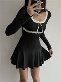 Y2K-Inspired Cotton Knit Dress: Elegant Lace, Crew Neck, Ruffle Hem - Perfect for Spring/Fall, Comfort Fit