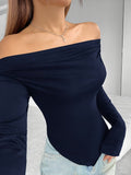 Off-The-Shoulder Asymmetrical Hem Y2K T-Shirt for Women, Solid Color Long Sleeve Knit Top, Polyester/Spandex Blend, All-Season Fashion