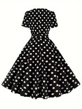 Vibrant Polka Dot A-Line Dress - Elegant Square Neck, Short Sleeve, Micro Elastic Polyester Fabric, Belted, Machine Washable, Random Print, All-Season Party Dress for Women