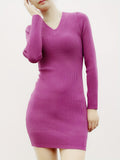 Solid Knit Sweater Dress, Elegant V Neck Long Sleeve Bodycon Dress For Fall & Winter, Women's Clothing