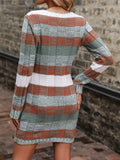 Vibrant Multicolor Striped V-Neck Long Sleeve Knitted Sweater Dress - Soft, Stylish, and Cozy with Patched Pockets and Above Knee Length - Perfect for Women's Casual Daily Wear and Outdoor Activities