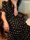 Polka-dot Print V-neck Aline Dress, Elegant Puff Sleeve Dress For Spring & Summer, Women's Clothing