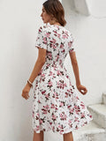 Floral Print Shirred Waist Dress, Boho V Neck Short Sleeve Dress, Women's Clothing