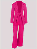 Two-piece Set, Long Sleeve Tie Front Blazer & Tailored Pants Outfits, Casual Solid Women's Clothing