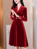 Vintage Chic V-Neck Velvet Button Decor Aline Dress - Women's Long Sleeve Ruched Dresses for Spring & Fall - Elegant, Comfortable, and Versatile Clothing for Women