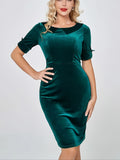 Velvet Split Hem Bodycon Dress, Elegant Short Sleeve Dress For Spring & Summer, Women's Clothing