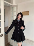 Autumn/Winter Chic Korean Style Women's A-Line Dress, Black Waist Cinched Pleated Skirt, Round Neck, Solid Color, Faux Buttons, Woven Polyester Fabric, Adult Size