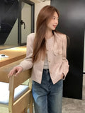 Flap Pockets Button Front Jacket, Chic Crew Neck Long Sleeve Coat For Fall & Winter, Women's Clothing