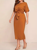 Solid Tie Waist Elegant Dress, Half Sleeve Slim Dress For Spring & Fall, Women's Clothing