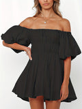 Off Shoulder Ruched Dress, Sexy Puff Sleeve Solid Dress For Spring & Summer, Women's Clothing