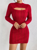 Flattering Cut Out Cable Knit Sweater Dress - Long Sleeve Bodycon Fit - Seductive Style - Womens Winter Fashion for Casual or Dressy Occasions