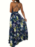 Womens Sexy Spaghetti Strap Deep V Neck Floral Boho Criss Cross Backless Chiffon Beach Party Long Maxi Dress