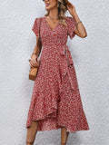 Women's Spring & Summer Dress - Elegant Floral Print, Surplice Neck with Tie, Casual Flutter Sleeves & Ruffle Hem, Perfect for Every Day & Special Occasions