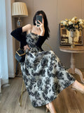 Floral Print Cami Dress Set - Dress Suits with Solid Long Sleeve Open Front Cardigan and Square Neck Sleeveless A-line Spaghetti Strap Dress Outfits for Women