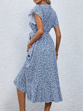 Women's Spring & Summer Dress - Elegant Floral Print, Surplice Neck with Tie, Casual Flutter Sleeves & Ruffle Hem, Perfect for Every Day & Special Occasions