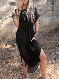 Chic Crew Neck T-shirt Dress - Casual Long-Length with Asymmetrical Hem, Soft Cotton Blend, Perfect for All Seasons