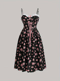 For Spring & Summer, Elegant Sleeveless Cami Dress with Floral Print Lace Trim, Spaghetti Strap, Tie Waist, Women's Clothing