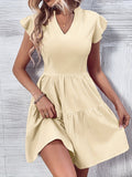 Vibrant Solid V-Neck Fitted Dress - Elegant Ruffle Detailing, Non-Elastic Polyester Fabric, Perfect for Summer & Spring, Womens Casual Everyday Wear