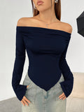 Off-The-Shoulder Asymmetrical Hem Y2K T-Shirt for Women, Solid Color Long Sleeve Knit Top, Polyester/Spandex Blend, All-Season Fashion