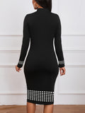 Zjkrl  -  Chic Zip-Up Striped Print Dress - Long Sleeve Bodycon Midi for All-Season Chic - Womens Casual Fashion Clothing Perfect for Everyday Glamour