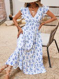 Floral Print Shirred Waist Dress, Elegant Ruffle Trim Surplice Neck Maxi Dress, Women's Clothing