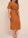 Solid Tie Waist Elegant Dress, Half Sleeve Slim Dress For Spring & Fall, Women's Clothing