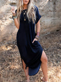 Chic Crew Neck T-shirt Dress - Casual Long-Length with Asymmetrical Hem, Soft Cotton Blend, Perfect for All Seasons