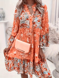 Plus Size Boho Dress, Women's Plus Floral Print Long Sleeve Notched Neck Knee Length Smock Dress