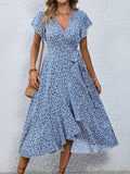 Women's Spring & Summer Dress - Elegant Floral Print, Surplice Neck with Tie, Casual Flutter Sleeves & Ruffle Hem, Perfect for Every Day & Special Occasions