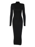 Chic High Neck Midi Dress - Body-Contouring Fit - Versatile Elegance for Work to Weekend