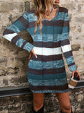 Vibrant Multicolor Striped V-Neck Long Sleeve Knitted Sweater Dress - Soft, Stylish, and Cozy with Patched Pockets and Above Knee Length - Perfect for Women's Casual Daily Wear and Outdoor Activities