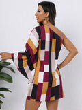 Color Block One Shoulder Dress, Boho Batwing Sleeve Random Print Dress For Spring & Summer, Women's Clothing