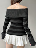 100% Polyester Elegant Off the Shoulder Striped Pullover Sweater for Women, Fall/Winter Collection with Lace-Up Detail