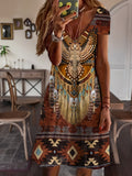 Aztec Print Dress, Vintage V Neck Short Sleeve Western Style Dress, Women's Clothing