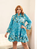 Plus Size Boho Dress, Women's Plus Floral Print Long Sleeve Notched Neck Knee Length Smock Dress